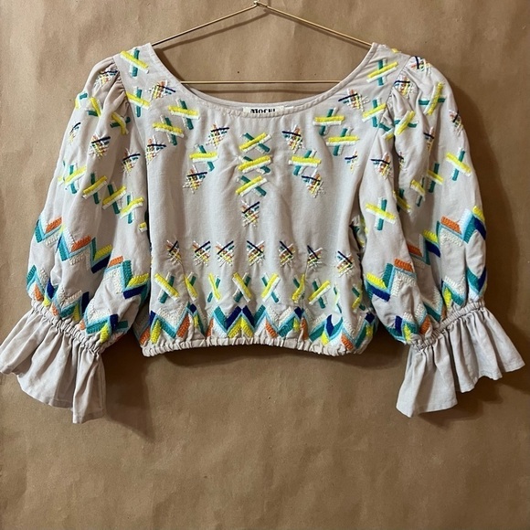 All Things Mochi | Linen Cotton Embroidered Crop Top Flared Sleeve Size XS - Picture 1 of 13